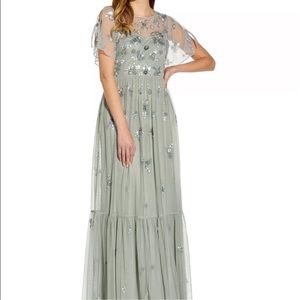 Adrianna Papell Frosted Sage Boho Beaded Mesh Maxi Gown sz12
